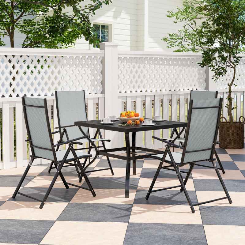 Outsunny 5 Pieces Garden Dining Set, 4 Seater Garden Furniture Set with Parasol Hole, Outdoor Dining Set with High Back Folding Chairs and Square Metal Top Table for Outdoor Patio, Grey