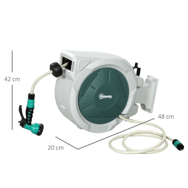 Outsunny Retractable Hose Reel Wall Mounted, 20+2m Garden Hose Pipe Reel with Lock, Auto Rewind, 7 in 1 Spray Nozzle, Includes Wall Fixings, 180?? Swivel, Outdoor Watering, Light Grey