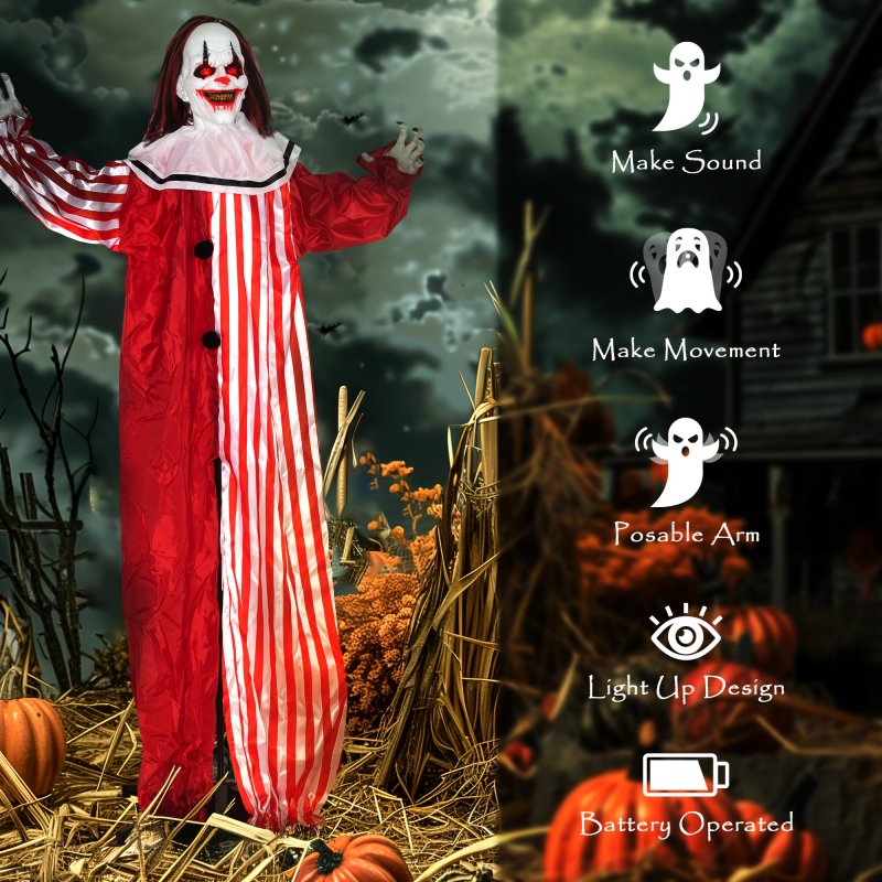 Outsunny 165 cm Life Size Halloween Animated Clown with Red Light Up Eyes, Sound Activated Moving Body, Scary Clown Halloween Decorations, Battery Operated, Indoor Party Props