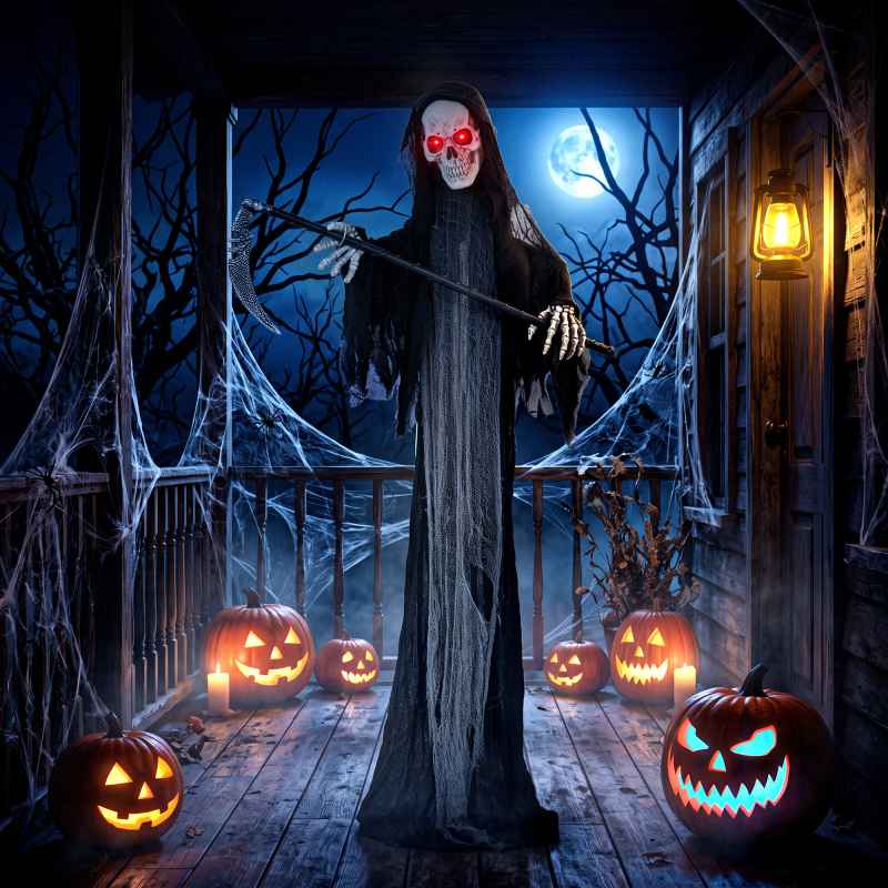 HOMCOM 183cm Life Size Animated Grim Reaper Halloween Decorations Outdoor Indoor, Scary Halloween Animatronics Decor with Sound Touch Activated, Animated Prop with Light Up Eyes for House Garden