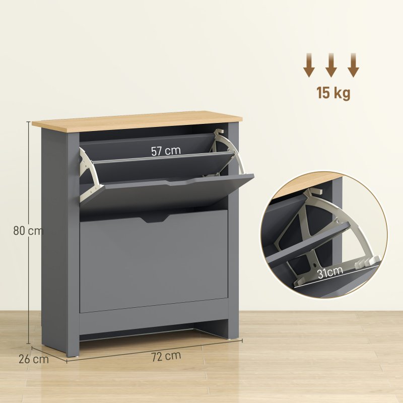 HOMCOM Narrow Shoe Cabinet, Space Saving Shoe Storage Cabinet with 2 Flip Drawers and Adjustable Shelves for 6-12 Pairs of Shoes for Hallways and Living Room, Charcoal Grey