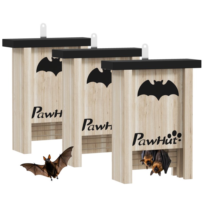 PawHut Bat Boxes, Pack of 3 Wooden Bat Houses for Outdoor, Garden, Farm, Easy for Bat to Land and Roost, Designed to Attract Bats & Easy to Hang, 18 x 6 x 22.5 cm
