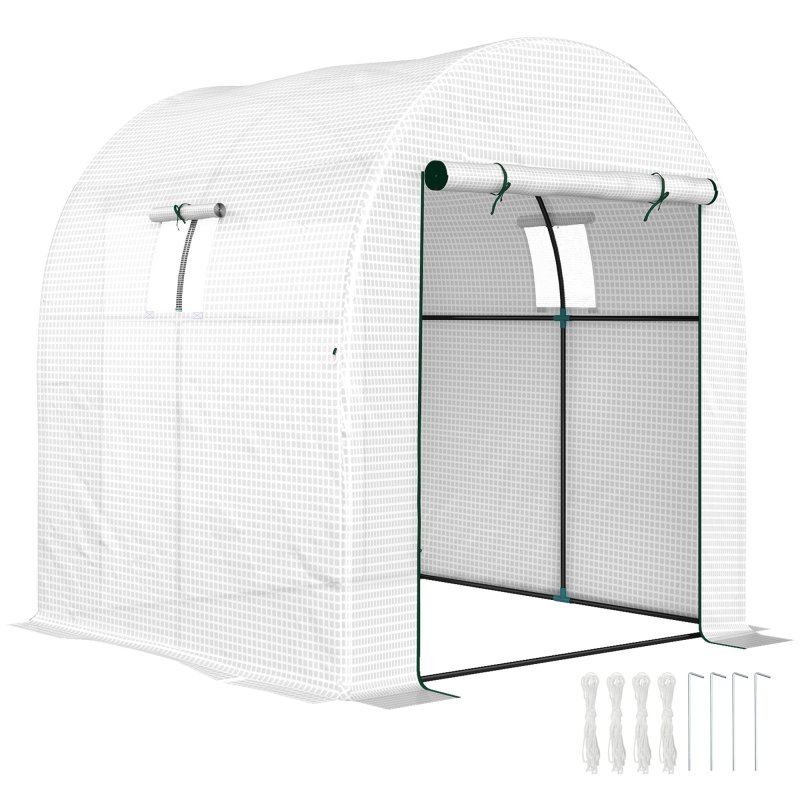 Outsunny 1.8 x 1.8 x 2m Polytunnel Greenhouse with Doors and Mesh Windows, Walk-in Grow House Tent with UV-resistant PE Cover and Steel Frame, White