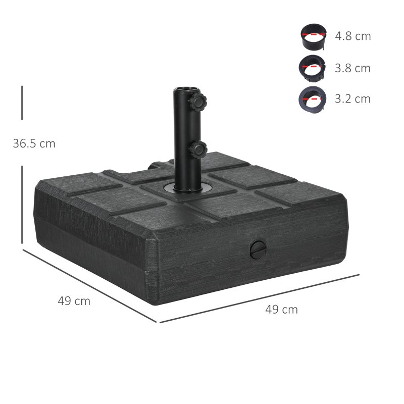 Outsunny Garden Parasol Base with Wood Effect, 30kg Water or 40kg Sand Filled, Heavy Duty HDPE Umbrella Stand with Double Knob, Fillable Parasol Stand for 32mm, 38mm, 48mm Poles, Black