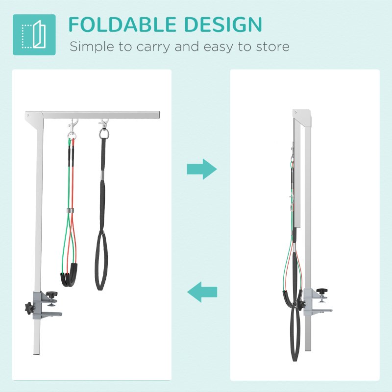 PawHut Foldable Pet Grooming Arm w/ Clamp 30 Inch Height Adjustable, Dog Grooming Loop, Two No Sit Haunch Holders for Small Medium Dogs, Sliver