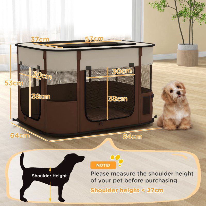 PawHut Dog Pen, Pet Playpen, Portable Foldable Dog Cat Playpen Soft Pet Cage with Storage Bag for Puppies, Rabbits, Kittens, Guinea Pigs, 84 x 64 x 53cm - Brown