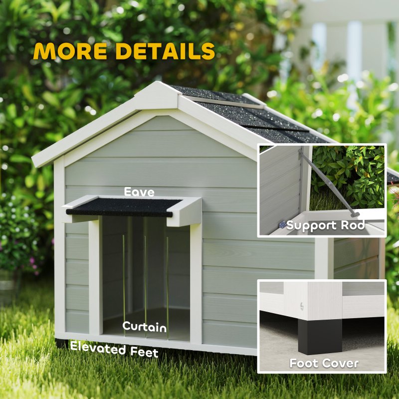 PawHut Dog House Wooden Dog Kennel Outdoor with Openable Asphalt Roof, Removable Floor, Door Curtain, Elevated Feet, for Medium Breeds, Light Grey