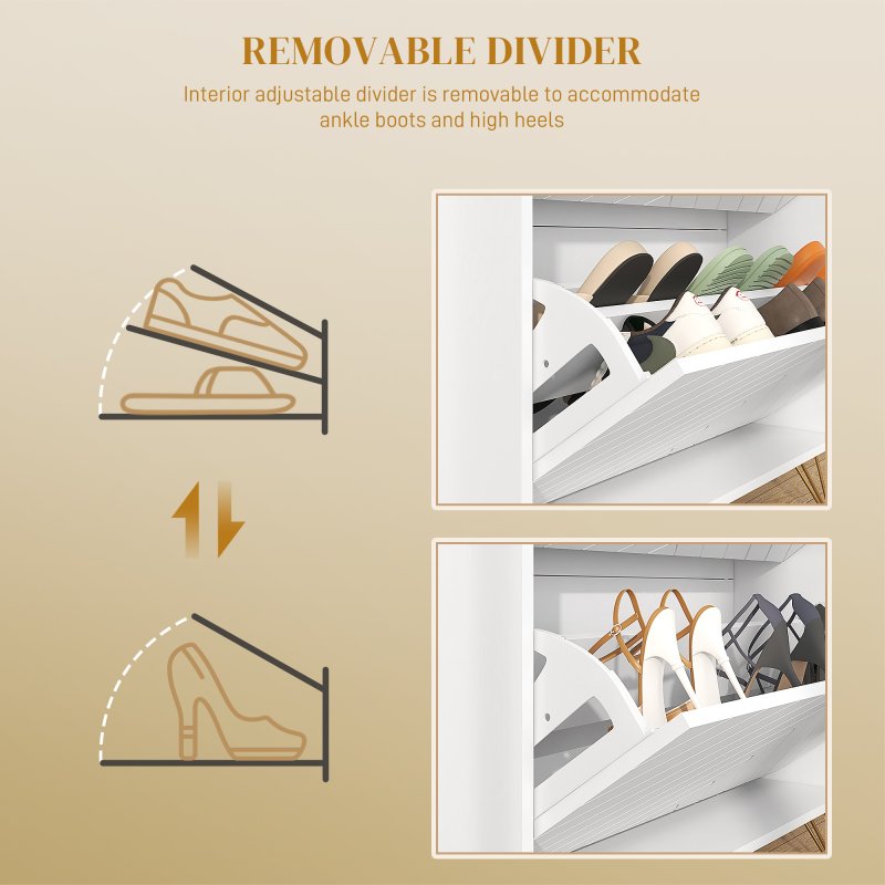 HOMCOM Narrow Shoe Cabinet with 2 Flip Drawers, Slim Shoe Storage Cabinet with Adjustable Shelves, Open Shelf, Hairpin Legs and 2 Vents for 12 Pairs of Shoes for Entryway, White