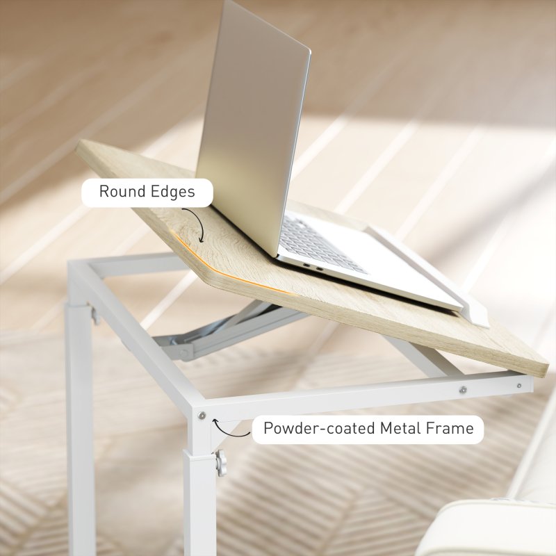 HOMCOM C-Shaped Sofa Side Table, Height Adjustable Overbed Table with Tilting Desktop, Mobile Laptop Desk for Living Room Bedroom, Oak and White