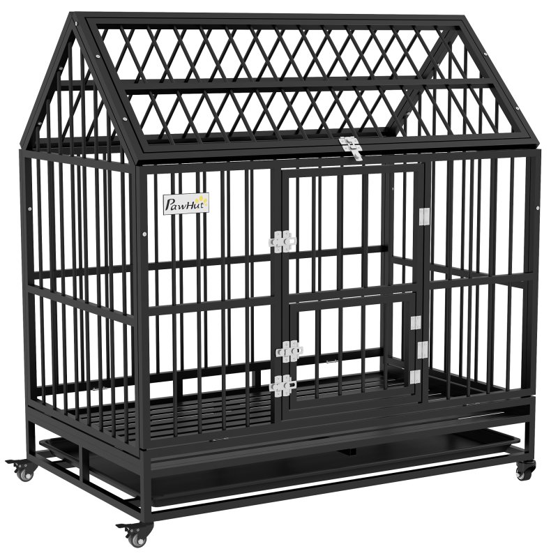 PawHut 48" Heavy Duty Dog Crate, Indoor Outdoor Dog Cage on Wheels with Locks, Removable Tray, Openable Top, 2 Doors, for Large and Extra Large Dog - Black