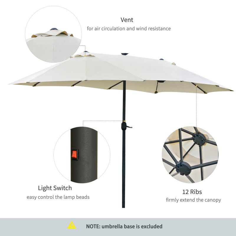 Outsunny 4.4m Double-Sided Sun Umbrella Garden Parasol Patio Sun Shade Outdoor with LED Solar Light, NO BASE INCLUDED, Cream White