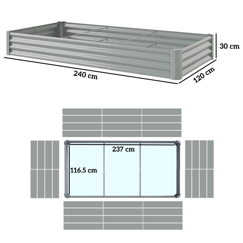 Outsunny Galvanised Raised Garden Bed, 240 x 120 x 30cm Raised Bed with Reinforcing Bars, Outdoor Raised Planter with Open Bottom for Vegetables, Flowers, Herbs, Silver
