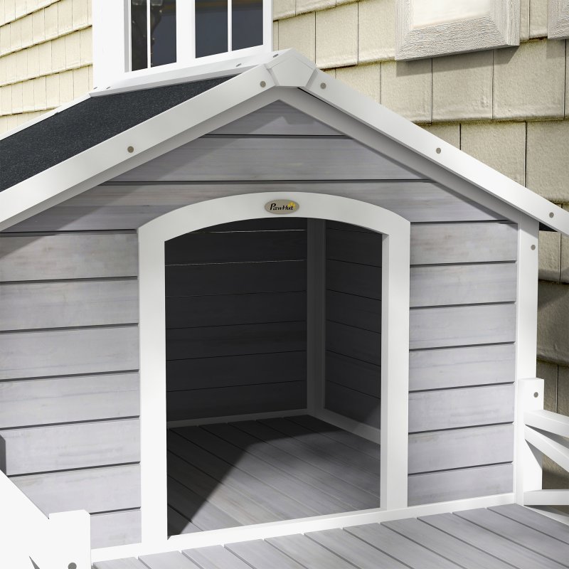 PawHut Outdoor Dog House with Porch, Wooden Dog Kennel with Water-resistant Asphalt Roof, Ladders, Fencing, Window, for Small and Medium Size, Grey