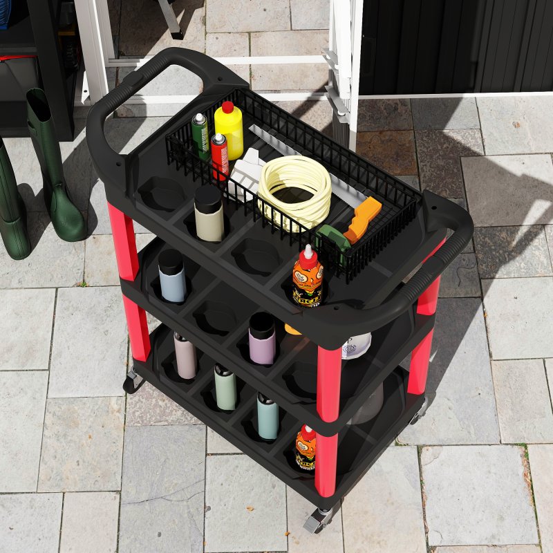 HOMCOM 3-Tier Rolling Tool Cart, Tool Trolley on Wheels, Plastic Mobile Service Utility Cart with Handles for Garage, Mechanics and Warehouse, 91kg Capacity, Black and Red