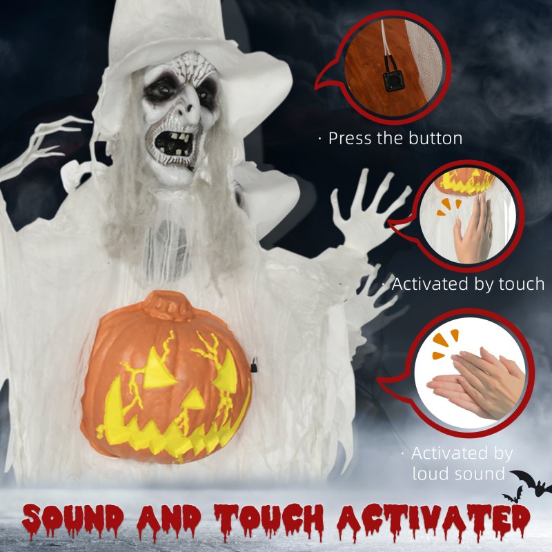 HOMCOM 6ft Outdoor Halloween Decoration Witch with Pumpkin, Standing Skeleton Witch Prop Life Size with Sound and Motion Activated, Light Up Eyes, Laughing Sound, Posable Arms, White