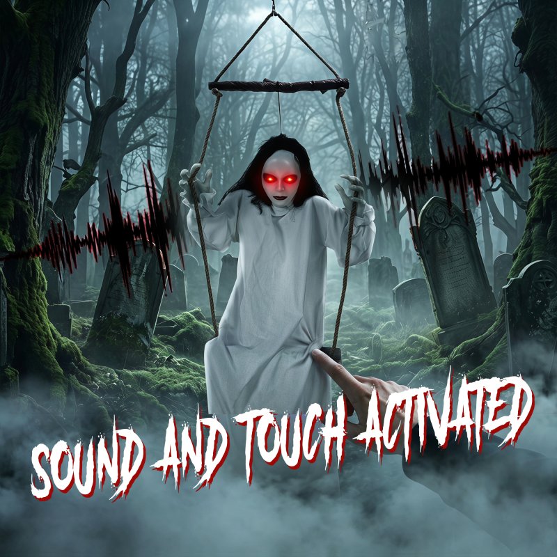 HOMCOM 170cm Animated Hanging Swing Ghost Halloween Decorations Outdoor Indoor, Sound Touch Activated Ghost Halloween Animatronic with Glowing Red Eyes for Haunted House Party Decorations