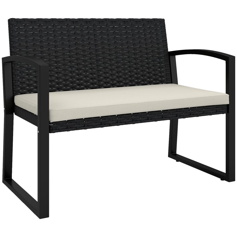 Outsunny 2 Seater Rattan Garden Bench, Outdoor Bench with Cushion, PE Wicker Garden Loveseat with Armrests, Galvanised Steel Frame for Patio, Park, Black