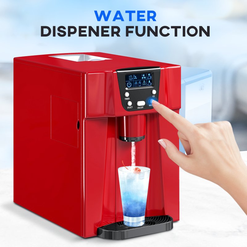 HOMCOM 3L Ice Maker Machine and Water Dispenser, 12kg in 24H, 2 Size Options 9 Ice Cubes Ready in 6-10 Mins Countertop Ice Machine for Home, Kitchen, Office, Bar, Red