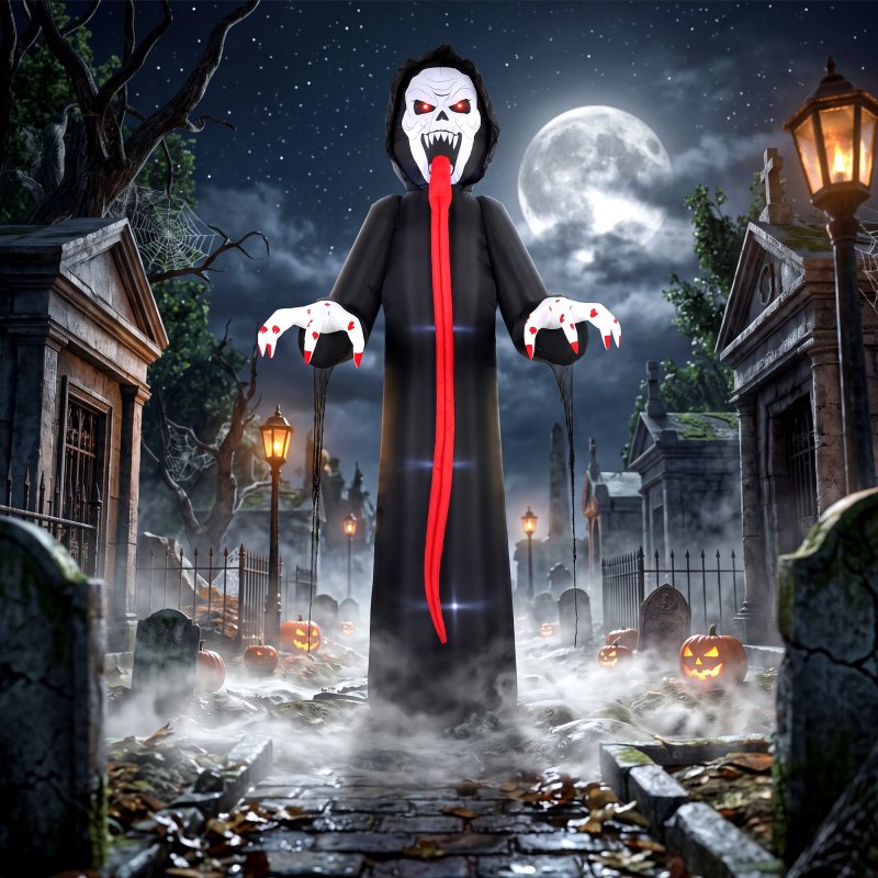 Outsunny 10 FT Halloween Inflatable Skeleton, Scary Halloween Decoration, Inflatable Giant Long Tongue Skeleton Blow Up Decoration with Built-in LED Lights for Yard Garden Indoor Outdoor Decor