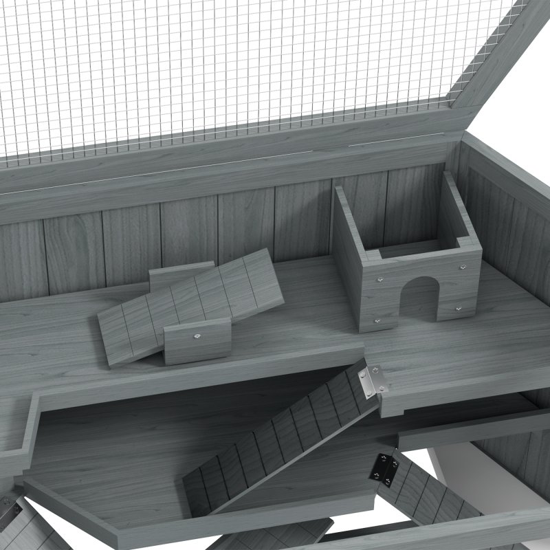 PawHut Wooden Large Hamster Cage Small Animal Exercise Play House 3 Tier with Sliding Tray, Seesaws, Water Bottle, Grey