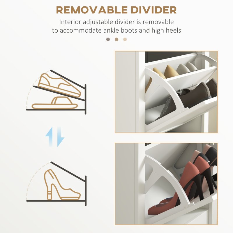 HOMCOM Modern Shoe Cabinet with 2 Flip Drawers and Adjustable Shelves, Narrow Shoe Storage Cabinet with Open Compartment, Holds 10 Pairs for Entryway, Hallway, White