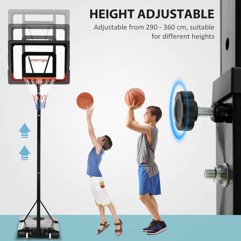 SPORTNOW Height Adjustable Basketball Hoop and Stand w/ Plastic Backboard and Weighted Base, Portable on Wheels, 2.6-3.1m, Black