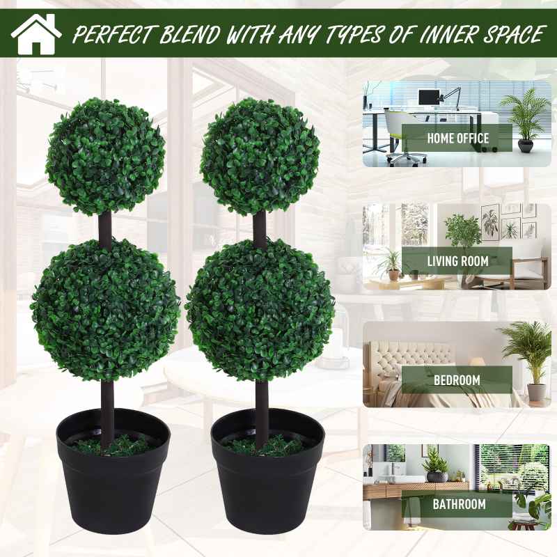 Outsunny Set of 2 Artificial Boxwood Ball Topiary Trees Potted Decorative Plant Indoor D??cor (67cm)