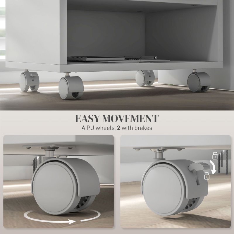 HOMCOM 2-Tier Printer Stand with Storage, Under Desk Printer Cart on Wheels with 3 Compartments, Desktop Printer Table for Home Office, White