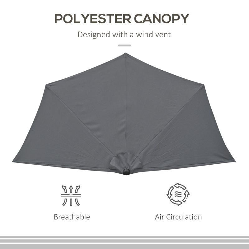 Outsunny 3(m) Half Parasol, Semi Round Umbrella with Metal Frame, Crank Handle for Balcony, Garden, Grey
