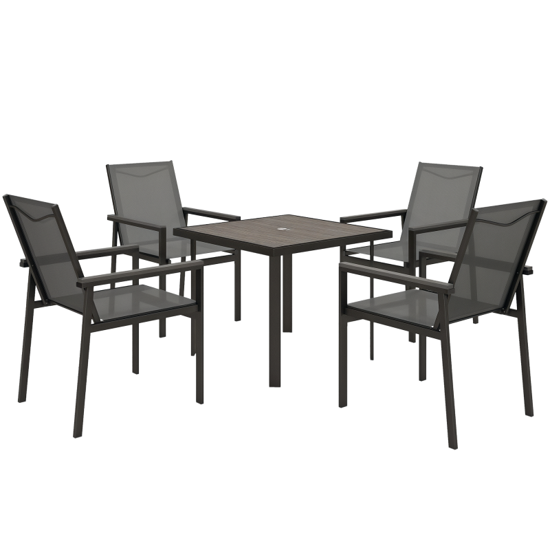 Outsunny 5 Pieces Garden Dining Set with Glass Top Dining Table, Outdoor Patio Table and 4 Armchairs with Texteline Fabric Seats and Backrest, Wood-plastic Composite Armrests Top, Grey