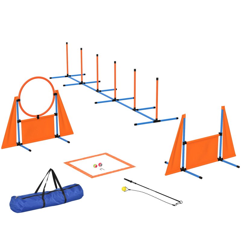 PawHut Dog Agility Equipment, 7-Piece Pet Agility Training Set with Weave Poles, Jump Ring, Hurdle, Pause Box, Bag, Obstacle Training Course Kit, Orange