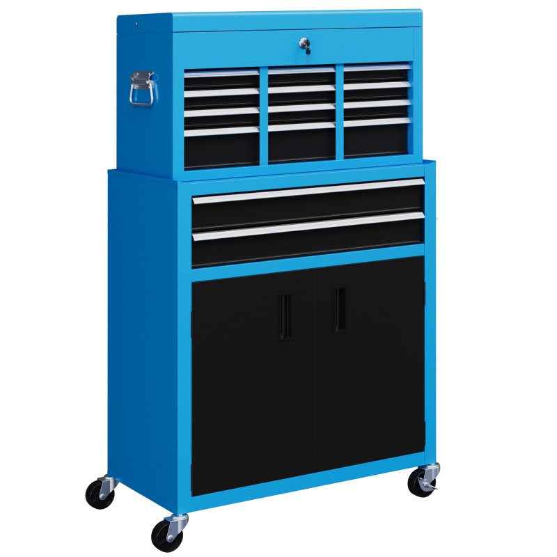 HOMCOM Tool Chest, Metal Tool Cabinet on Wheels with 6 Drawers, Pegboard, Top Chest and Roller Cabinet Combo, 61.6 x 33 x 108cm, Blue