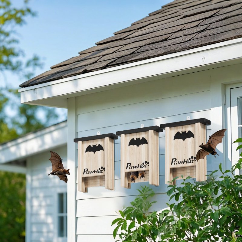PawHut Bat Boxes, Pack of 3 Wooden Bat Houses for Outdoor, Garden, Farm, Easy for Bat to Land and Roost, Designed to Attract Bats & Easy to Hang, 18 x 6 x 22.5 cm