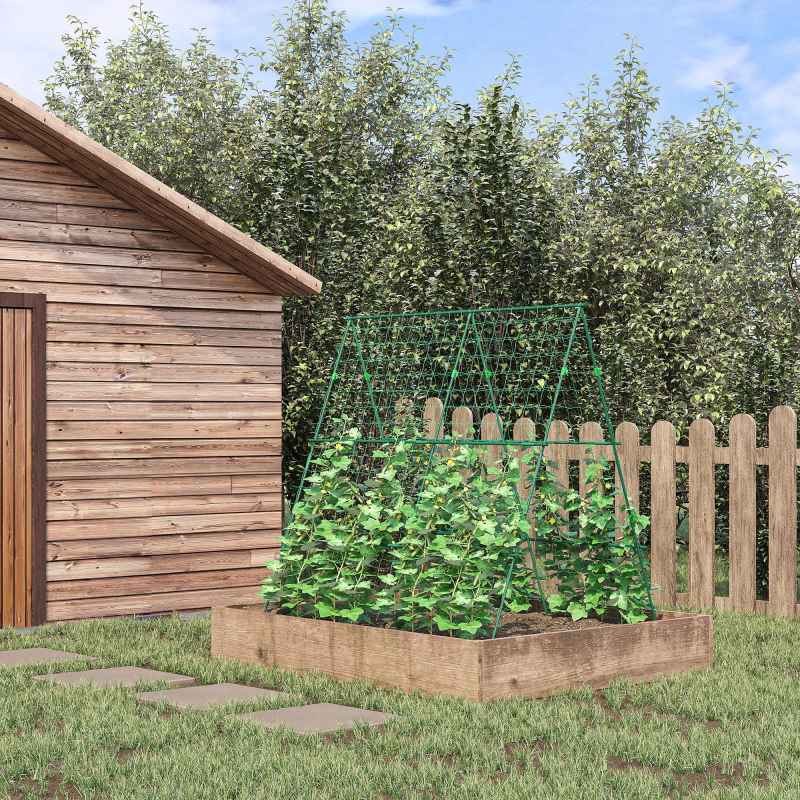 Outsunny Garden Cucumber Trellis for Climbing Plants, A-Frame Trellis Plant Support with Climbing Net, DIY Adjustable Cucumber Support Frame for Raised Bed, Vegetables, Flowers, Fruit, Green
