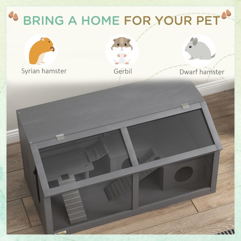 PawHut Wooden Hamster Cage, Gerbil Cage for Syrian Hamster with Exercise Play House, Openable Top 85 x 45 x 44cm - Grey