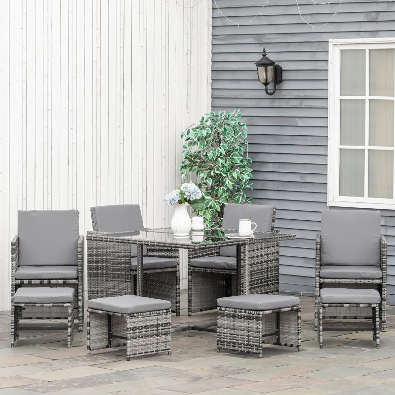 Outsunny 8 Seater Rattan Cube Garden Furniture Set, Rattan Dining Set with Cushions, Outdoor Dining Table and Chairs with 4 Armchairs, 4 Stools, Square Glass Top Table, Mixed Grey