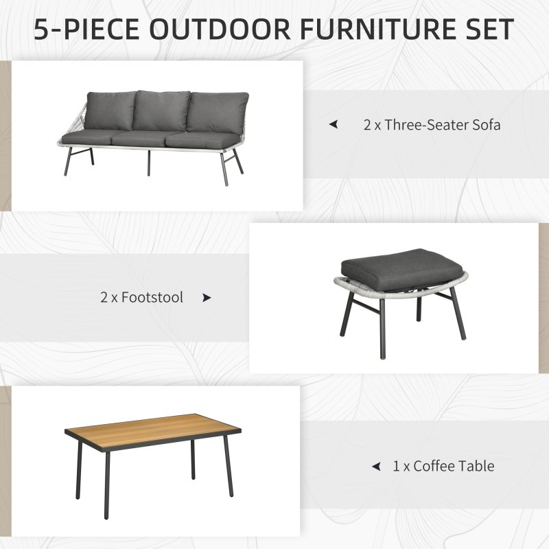 Outsunny 5 Piece Rattan Garden Furniture Sets, 6 Seater Outdoor Sofa Sectional with Wicker Sofa, Footstool and Wood-Plastic Coffee Table for Yard, Poolside, Grey