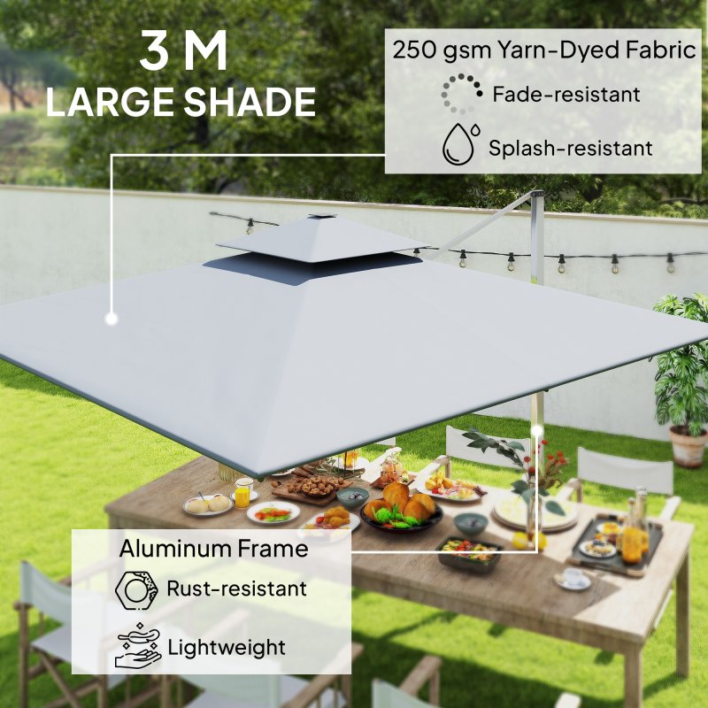 Outsunny 3(m) Garden Cantilever Parasol with Solar LED Lights, Overhanging Patio Umbrella with Cross Base, 360 Rotation, Crank Handle and Tilt, 8-Rib Outdoor Hanging Sun Shade, Grey
