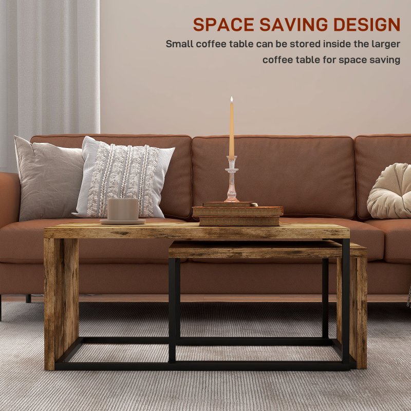 HOMCOM Coffee Tables Set of 2, Industrial Nest of Tables with Metal Frame for Living Room Bedroom