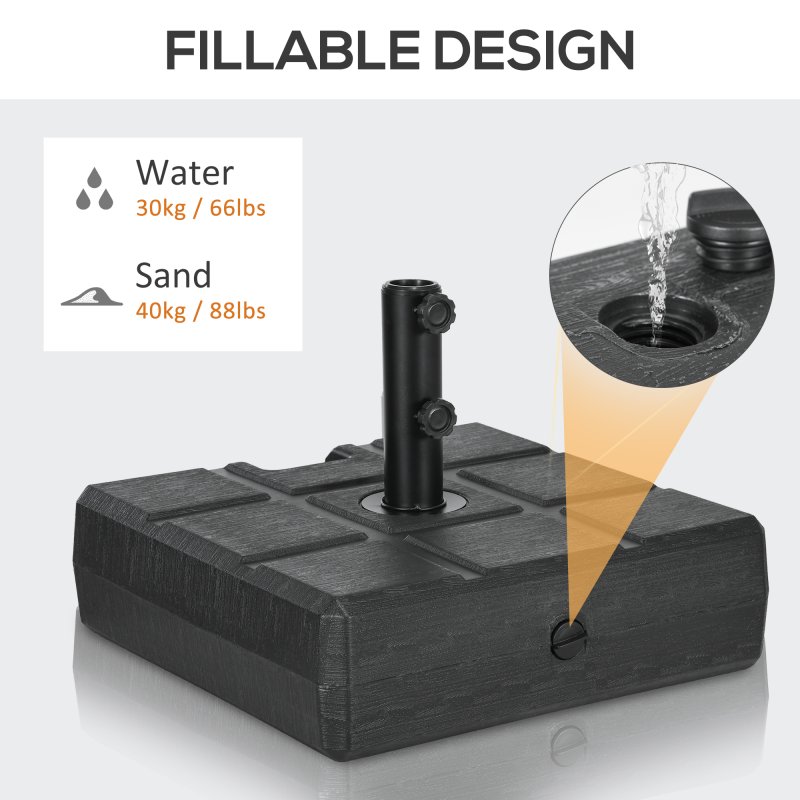 Outsunny Garden Parasol Base with Wood Effect, 30kg Water or 40kg Sand Filled, Heavy Duty HDPE Umbrella Stand with Double Knob, Fillable Parasol Stand for 32mm, 38mm, 48mm Poles, Black