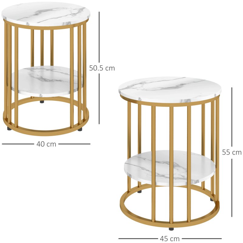 HOMCOM Round Coffee Table Set of 2, Marble-Effect Side Tables with Storage Open Shelf and Steel Frame for Living Room, Bedroom, Gold Tone
