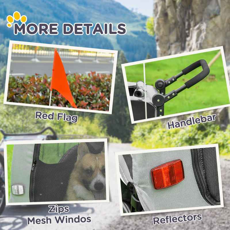 PawHut Dog Bike Trailer, 2 in 1Foldable Pet Stroller with Hitch Coupler, Reflectors, Quick Release Wheels, Flag, for Medium Dogs, Grey