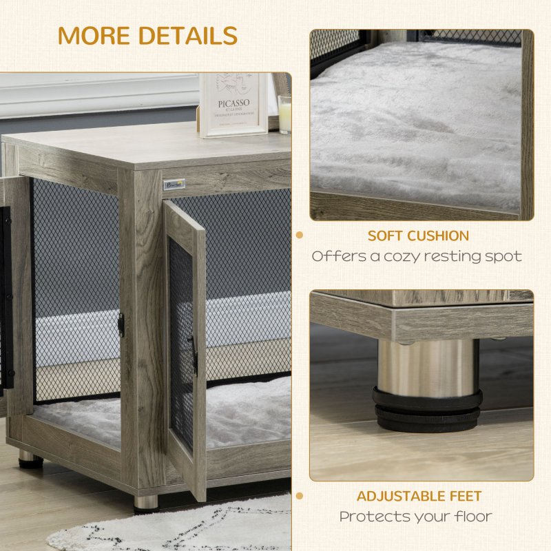 PawHut Dog Crate Furniture End Table w/ Soft Washable Cushion, Two Doors, Indoor Pet Kennel for Small Medium Large Dogs w/ Wire Mesh, Grey