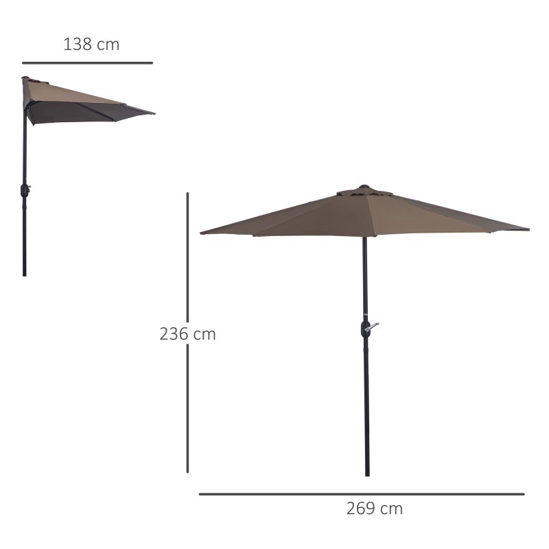 Outsunny 2.7m Garden Half Parasol, Outdoor Balcony Umbrella with 5 Steel Ribs, Patio Sun Shade, Brown