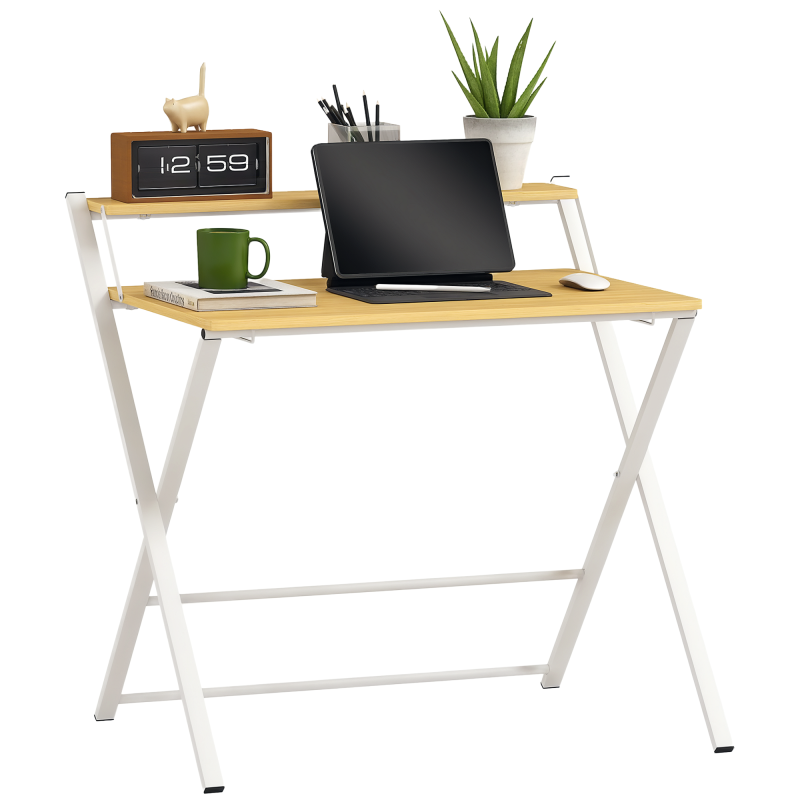 HOMCOM Compact Folding Desk for Small Spaces, Foldable Computer Desk with Storage Shelf for Home Office, 2-Tier Study Writing Table, 86 x 66 x 82 cm, Maple Wood-effect