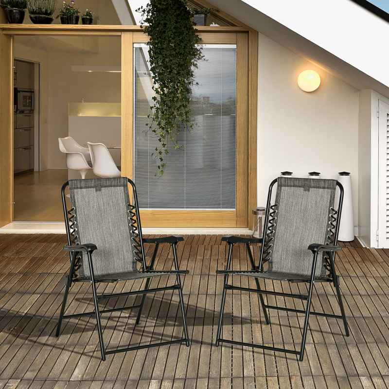 Outsunny Set of 2 Patio Folding Chair Set, Garden Portable Outdoor Chairs with Armrest and Breathable Mesh Fabric Seat and Backrest, for Camping, Beach, Deck, Lawn, Grey