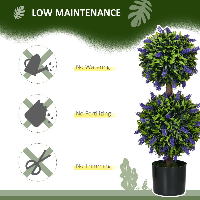 HOMCOM Set of 2 Decorative Artificial Plants Ball Trees with Lavender Flowers in Pot Fake Plants for Home Indoor Outdoor Decor, 70cm, Green