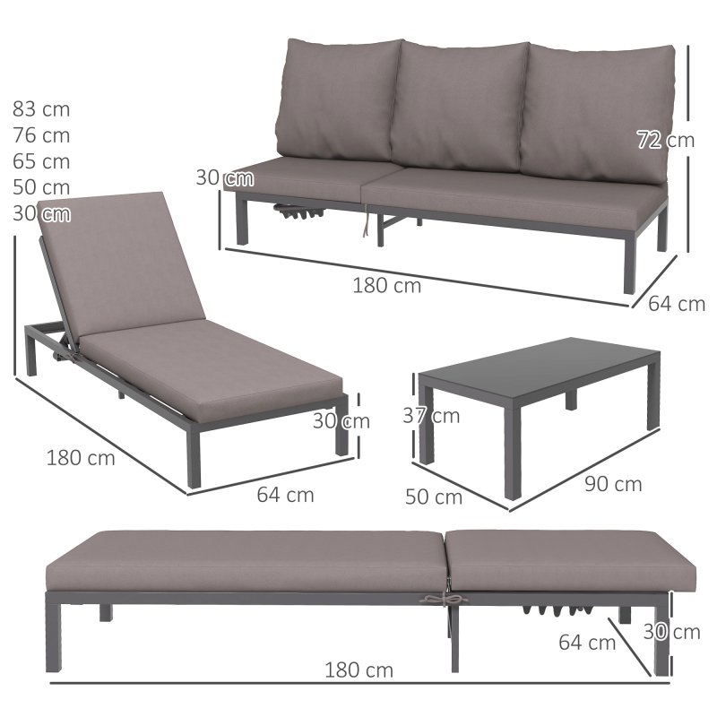 Outsunny 3 Pieces Garden Sun Loungers Set with Cushion, 5-level Adjustable Outdoor Recliner Bed Set w/ Glass Top Table, 2-In-1 Design Aluminium Frame Recliner Lounge or Use As Sofa Bed, Grey