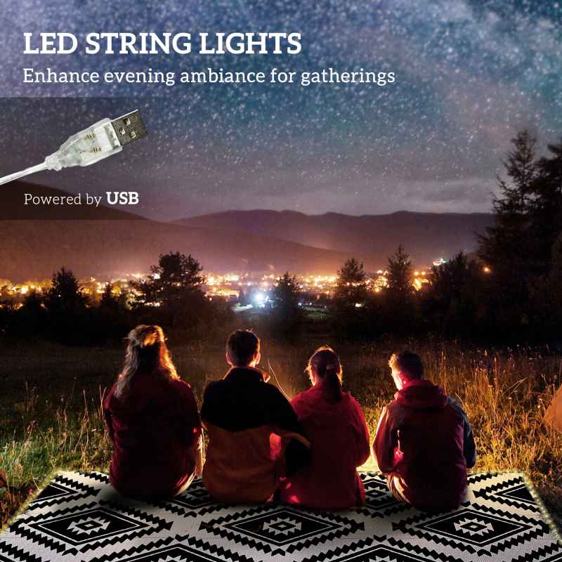 Outsunny Reversible Outdoor Rug with LED String Lights, Waterproof Plastic Straw Mat with Carry Bag for Garden, Deck, RV, Picnic, Beach, Camping, 182 x 274cm, Black and White