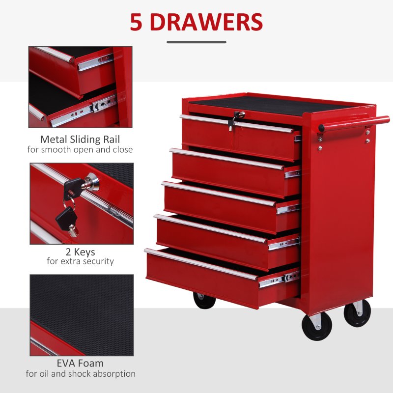 HOMCOM 5 Drawer Tool Box, Lockable Steel Tool Chest on Wheels, Rolling Chest Cabinet with 5 Drawers and Handle for Workshop, Garage, Red